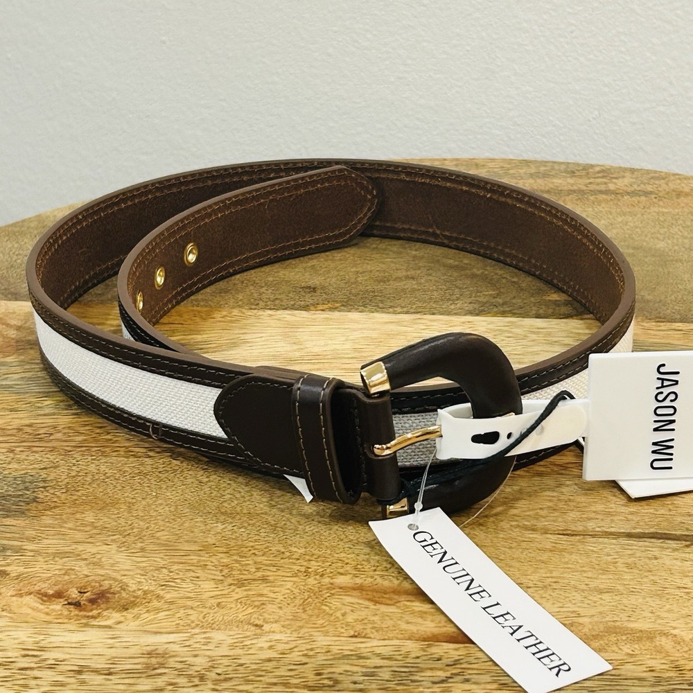 Jason Wu Belt Womens Medium Cognac Genuine Leather Linen Grommet Silver Buckle